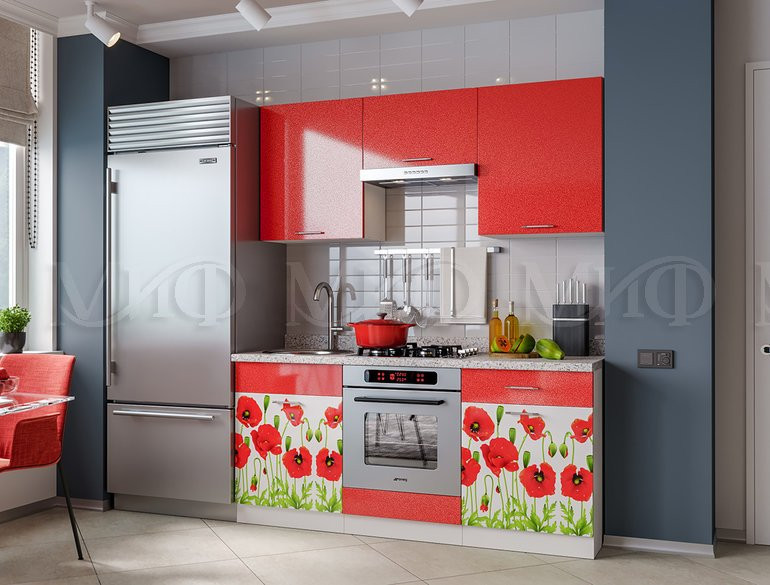 Кухонный Гарнитур Маки Красные Фотопечать МДФ 1,6 м.