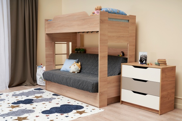 Двухъярусная кровать с диван-кроватью темно-серый / дуб сонома