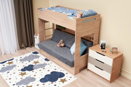 Двухъярусная кровать с диван-кроватью велюр серый / дуб сонома